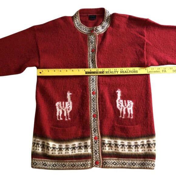 ALPACA Wool LLAMA CARDIGAN Women’s Size Large Vintage Red Nordic - Picture 8 of 11